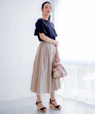 組曲 【汗ジミ防止・撥水】GIZAプレーティング天竺袖フリル カットソー ブラック系