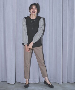 ANY L 【洗濯機可】着映えるシャーリングトップス ブラック×ストライプ