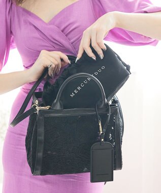 style code 【MERCURYDUO/マーキュリーデュオ】ロゴ巾着&カードケース付 軽量エンブロイダリーレース 2WAYトートバッグ ブラック