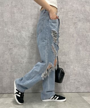 WEGO 【S～Lサイズ】ヘビークラッシュデニムパンツ デニム淡色