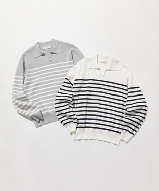 ANY SIS 【洗える】スキッパーポロ襟プルオーバー ニット オフ×ネイビー