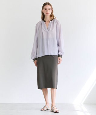 BEIGE， PAULINE / リネンヴィスコースフェイクレザー配色ブラウス Lilac