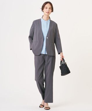 J.PRESS LADIES L 【シーンレスに活躍】セルロースカラミストライプ バンドカラー ブラウス ソフトブルー系