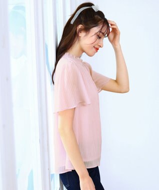 Tiaclasse 【洗える】大人上品なシフォンジャガードフリルカラーブラウス ピンク