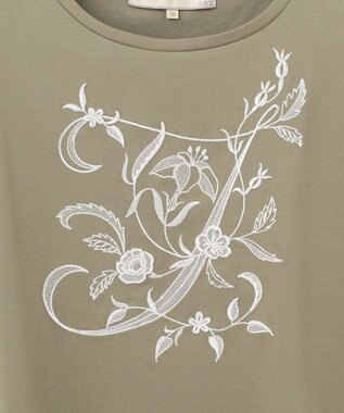 自由区 【洗える】エンブロイダリー フロントデザイン Tシャツ カーキ系