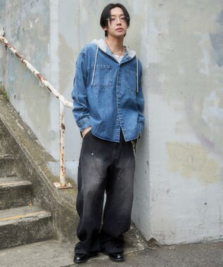 WEGO デニムフードシャツ（LS） デニム淡加工色