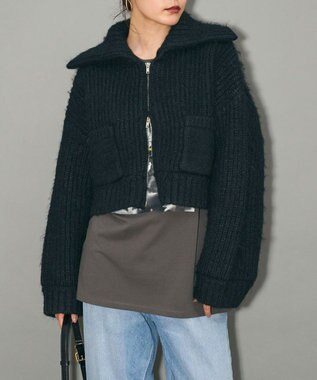 Green Parks フロントジップビックカラーニットブルゾン Navy