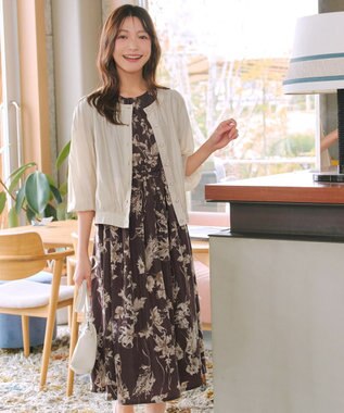 Tiaclasse 【2点セット】ニットボレロ＋花柄ワンピースセット ベージュ×ブラウン