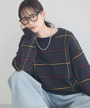 earth music&ecology チェックジャガードニットプルオーバー Check Navy