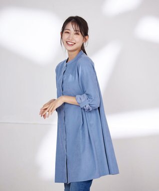 Tiaclasse 【洗える】ピーチスキンシャツチュニックブラウス サックス