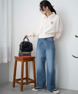 WEGO ハーフZIP襟付きショートスウェット ホワイト