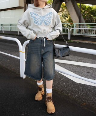 WEGO ウエストドロストダブルニーバギーハーフパンツ デニム中濃加工色