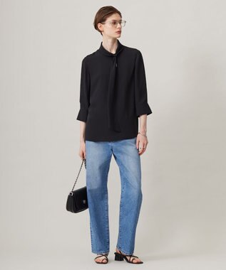 ICB L 【接触冷感・UVケア・速乾・洗える】BackSatinAmunzen ボウタイブラウス ブラック系