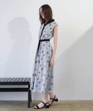 YECCA VECCA ストライプ柄フラワー刺繍ワンピース Navy