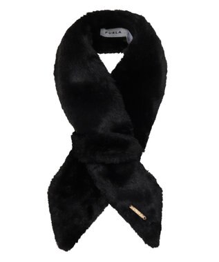 MOONBAT FURLA（フルラ）ファーティペット 差し込み 三角 ロゴプレート付 ファーマフラー フェイクファー ブラック