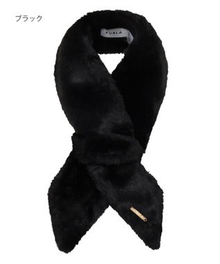 MOONBAT FURLA（フルラ）ファーティペット 差し込み 三角 ロゴプレート付 ファーマフラー フェイクファー ブラック
