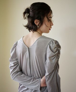 #Newans 【洗濯機可／ 前後着用可】 ギャザースリーブシアーベロアカーディガン ライトグレー