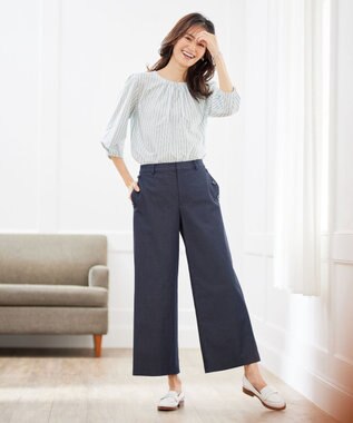 J.PRESS LADIES L 【洗える・吸水速乾】コットン麻シェルドライ ワイド パンツ ネイビー系