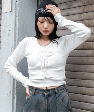 WEGO レイヤード風レースアップトップス ホワイト