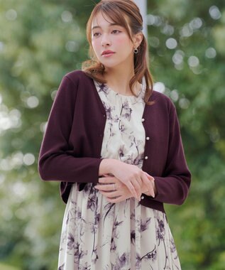 Tiaclasse 【2点セット】ニットボレロ＋花柄ワンピースセット ボルドー×オフホワイト