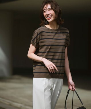 23区 L 【新色追加/見上愛さん着用】レーヨンポリエステルストレッチ プルオーバー ニット ダークモカ×ネイビー系