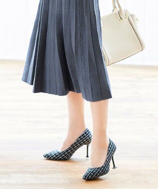 Tiaclasse L 【洗える】1枚で着映えするチェック柄編みニットワンピース チャコールブルー