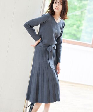 Tiaclasse L 【洗える】1枚で着映えするチェック柄編みニットワンピース チャコールブルー