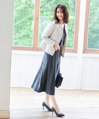 Tiaclasse L 【洗える】1枚で着映えするチェック柄編みニットワンピース チャコールブルー