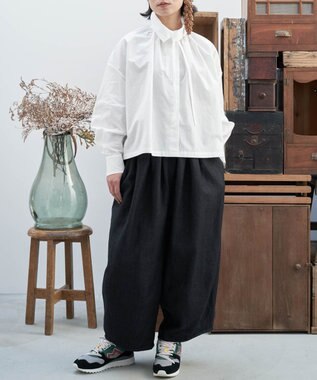 muuc リネンウールの裾タックワイドパンツ ブラック