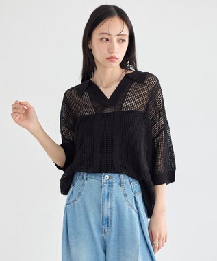 earth music&ecology レーシースキッパーポロニットプルオーバー Black