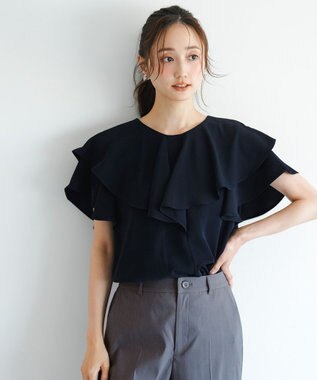ANY SIS 【接触冷感・吸水速乾・UVカット】サラキレイ フリル ブラウス ネイビー