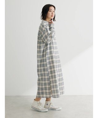 Green Parks 綿麻混バンドカラーシャツワンピース Check