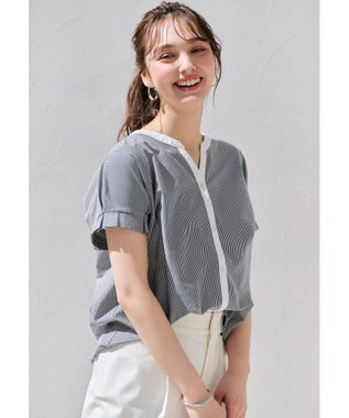 ANY SIS S 【洗える】シルケットストライプスキッパー カットソー ネイビーストライプ