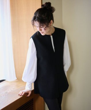 #Newans 【洗える】スリットネックフレアベスト ブラック