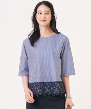 J.PRESS LADIES 【一枚で着映え】ストライプレース クルーネック カットソー