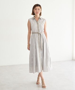 YECCA VECCA ストライプ柄フラワー刺繍ワンピース