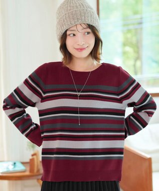 Tiaclasse マルチボーダーニットトップス ボルドー