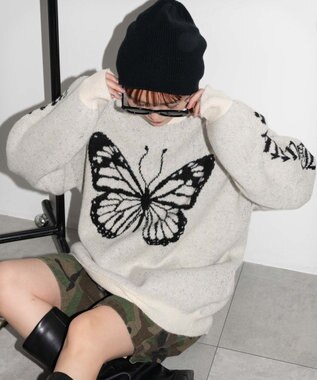 WEGO モチーフグラフィックフラッフィーニットプルオーバー ホワイトアイボリー