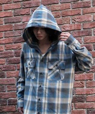 WEGO オンブレチェックフードシャツ（LS） ブルーチェック1