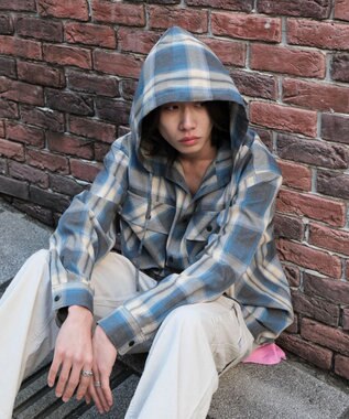 WEGO オンブレチェックフードシャツ（LS） ブルーチェック1