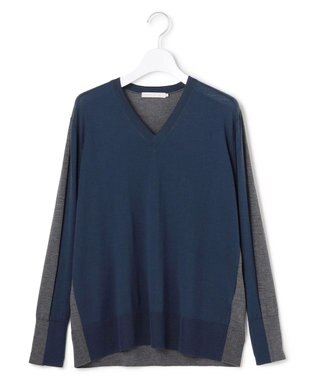 ICB L 【洗える】コンパクトファインウール Vネックニット ブルーグレー×ミディアムグレー系