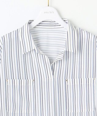 ANY SIS 【洗える】トロミシャツカラー ブラウス ネイビーストライプ