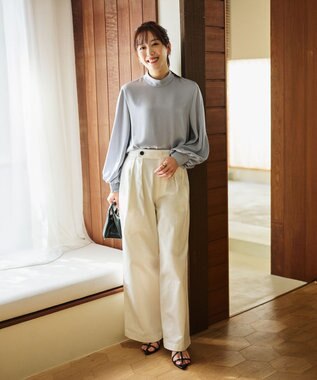 #Newans 【ストレッチ】〈花乃まりあさんコラボ〉ハイネックブラウス サックス