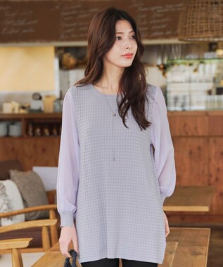 Tiaclasse L 【新色追加・洗える】シアーチェック柄ニットチュニック ラベンダー