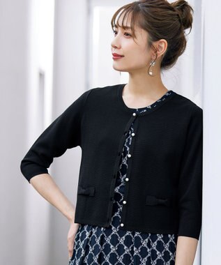 Tiaclasse 【洗える】フェイクリボンポケット付きカーディガン ブラック