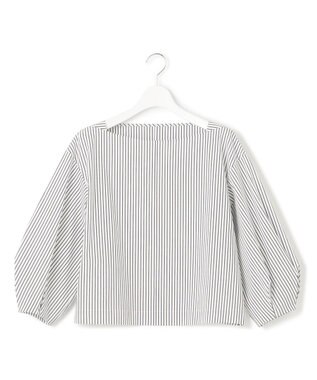 23区 L 【一部店舗限定/洗える】ハイカウントウェザーストレッチ ボートネック コンパクト ブラウス ホワイト×ブラックストライプ