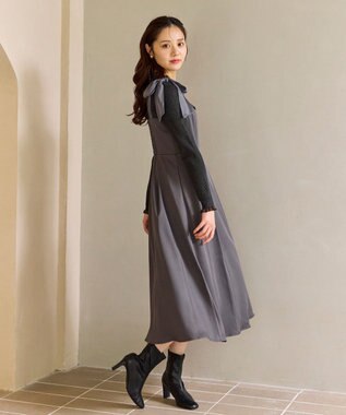 Feroux シアーリボンショルダー ジャンパースカート グレー系