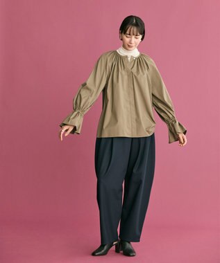 #Newans 【洗える】スラントフロントコクーンパンツ ネイビー