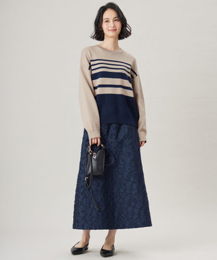 自由区 【洗える】コットンポリミドルゲージ ニット ベージュ×ネイビー