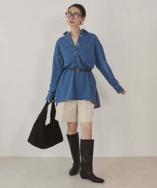 WEGO 【ANGIE VINTAGE】襟が選べる デニム チュニック シャツ （バンドカラー/レギュラーカラー） ブルーその他